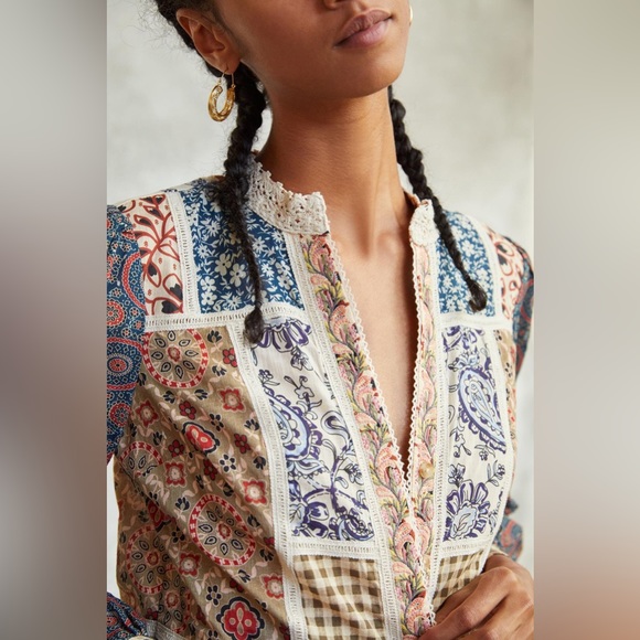 ✨ Anthropologie Printed Patchwork Blouse Sz 8 - Picture 4 of 7